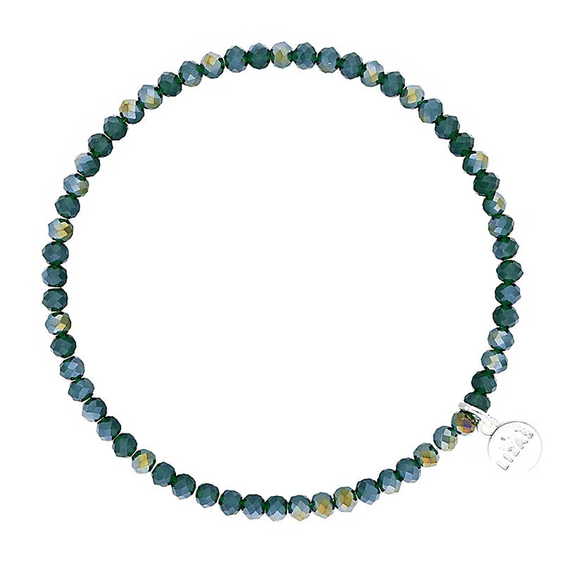 Lizas Quadro Big crystal stretch bracelet in dark green with a silver logo charm.