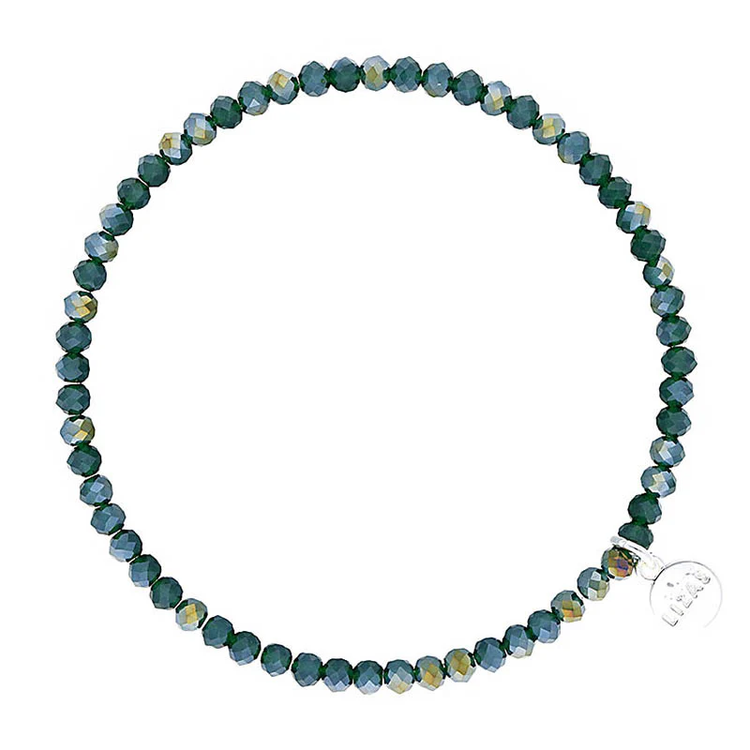 Lizas Quadro Big crystal stretch bracelet in dark green with a silver logo charm.