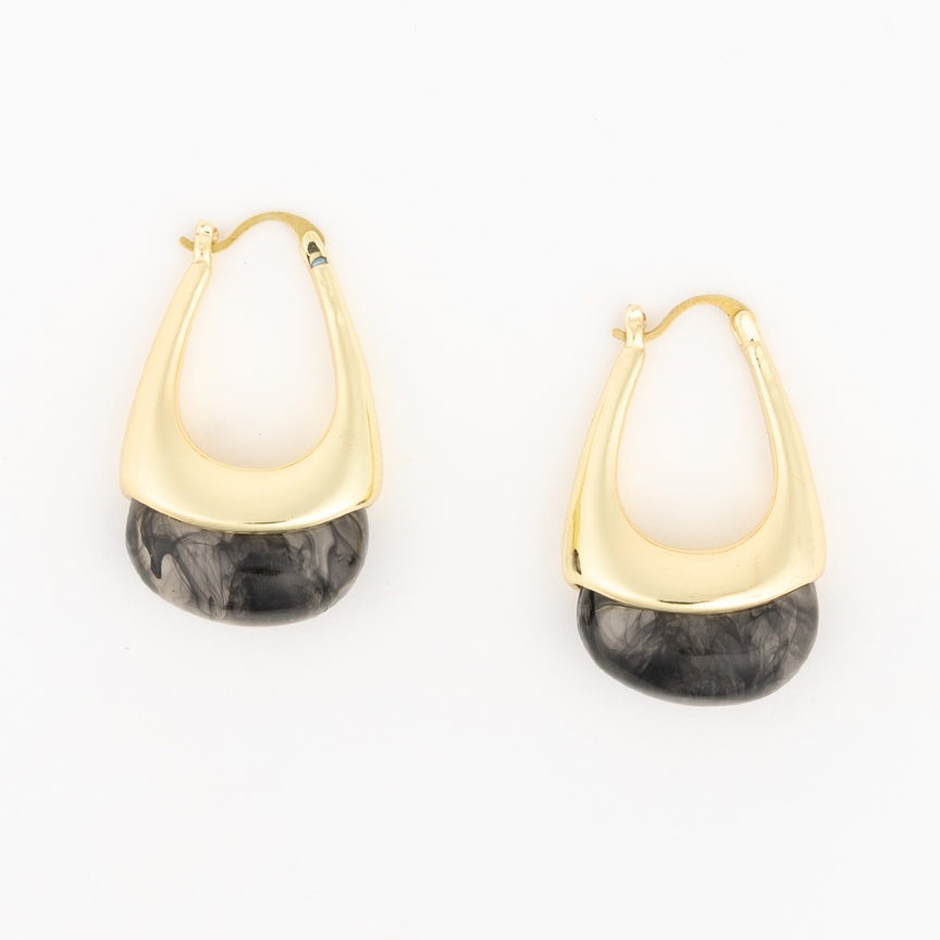 Talia gold-tone hoop earrings with a marbled black and grey resin drop detail.