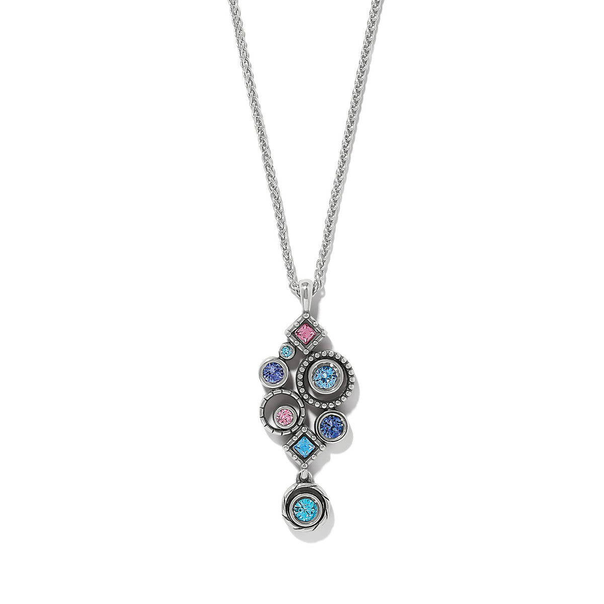 Silver-plated Halo Nova Cluster Necklace with colorful crystals on a wheat chain.