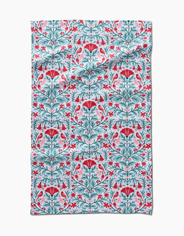 Holiday-themed waffle weave kitchen tea towel with a single-sided print.