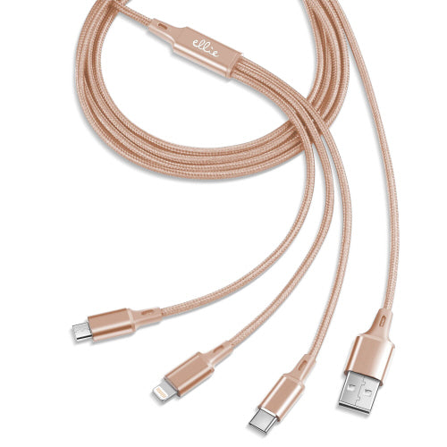 Rose gold 10-foot 3-in-1 nylon braided charging cable with USB-A, USB-C, and Lightning connectors.