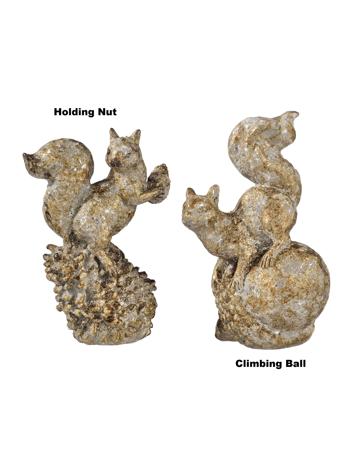 Two 6.5-inch resin squirrel figurines with a gold and silver finish, on a pinecone or ball.