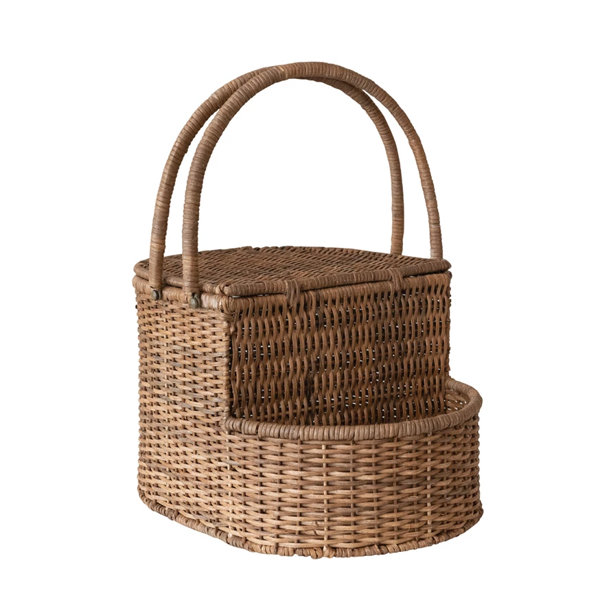 Oval rattan wicker picnic basket with open side compartment and two handles