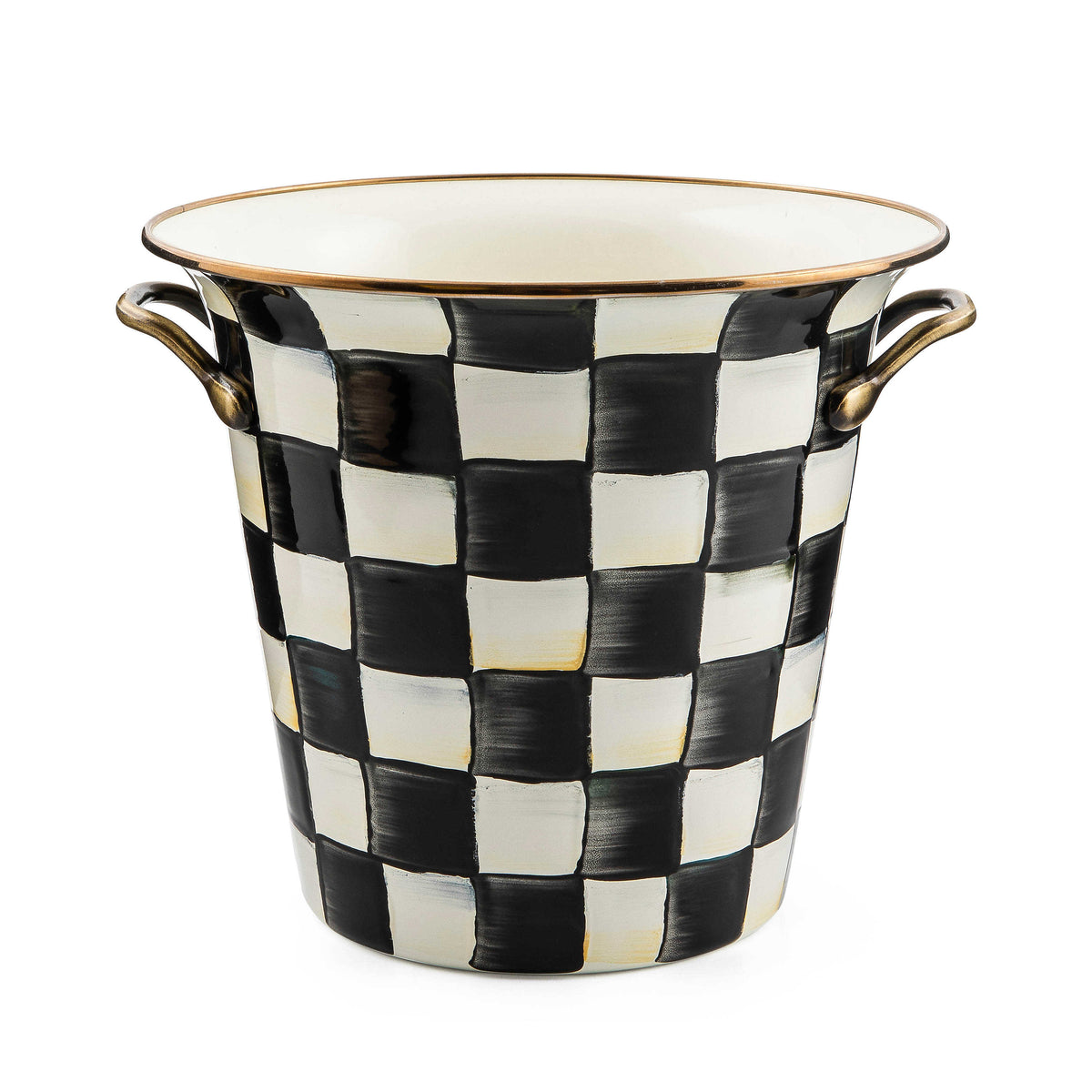 Hand-glazed steel wine cooler with Courtly Check enamel pattern, bronzed stainless rim, and antiqued brass handles.