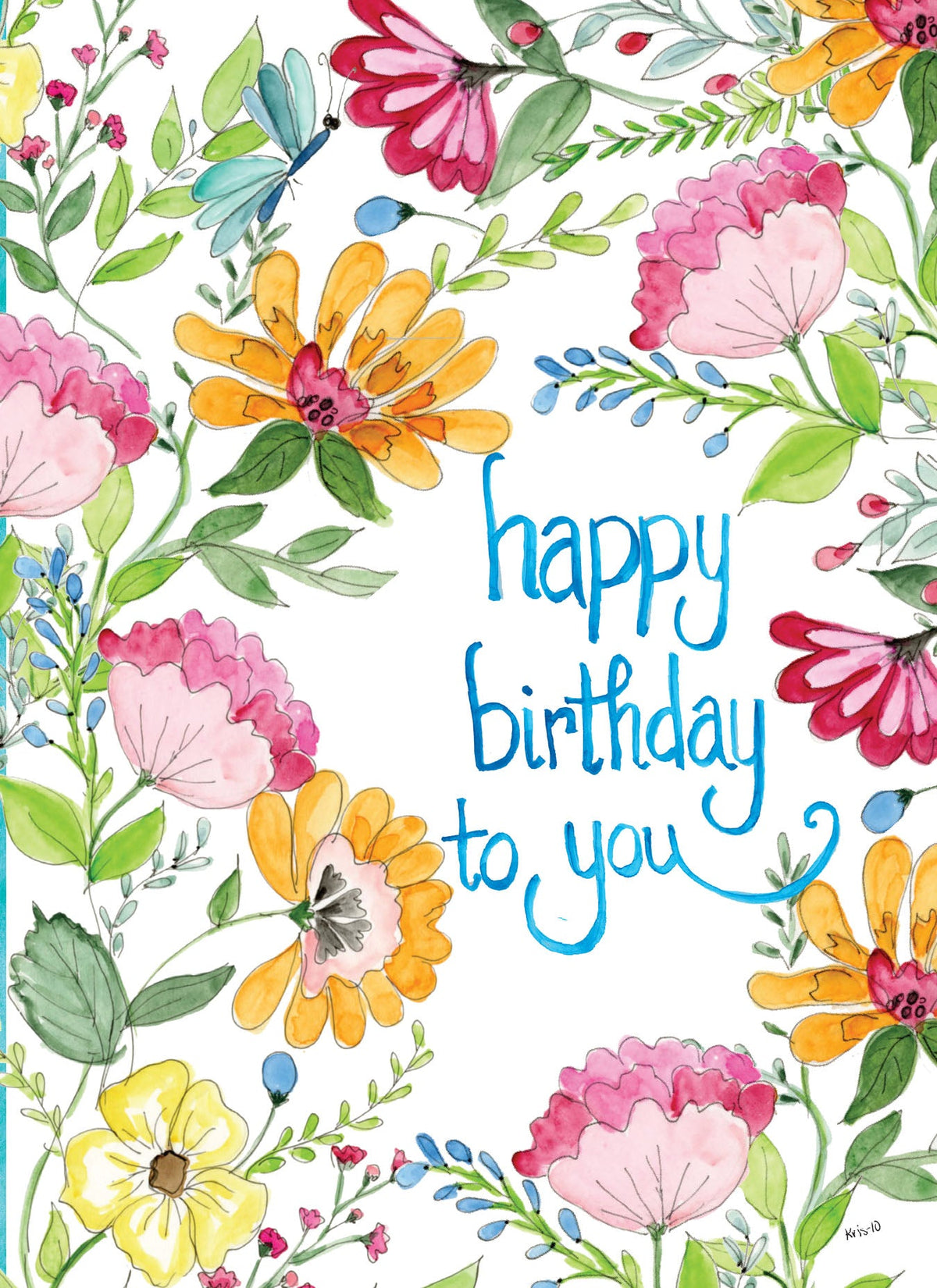Watercolor floral birthday card with blue text that says 'happy birthday to you'.