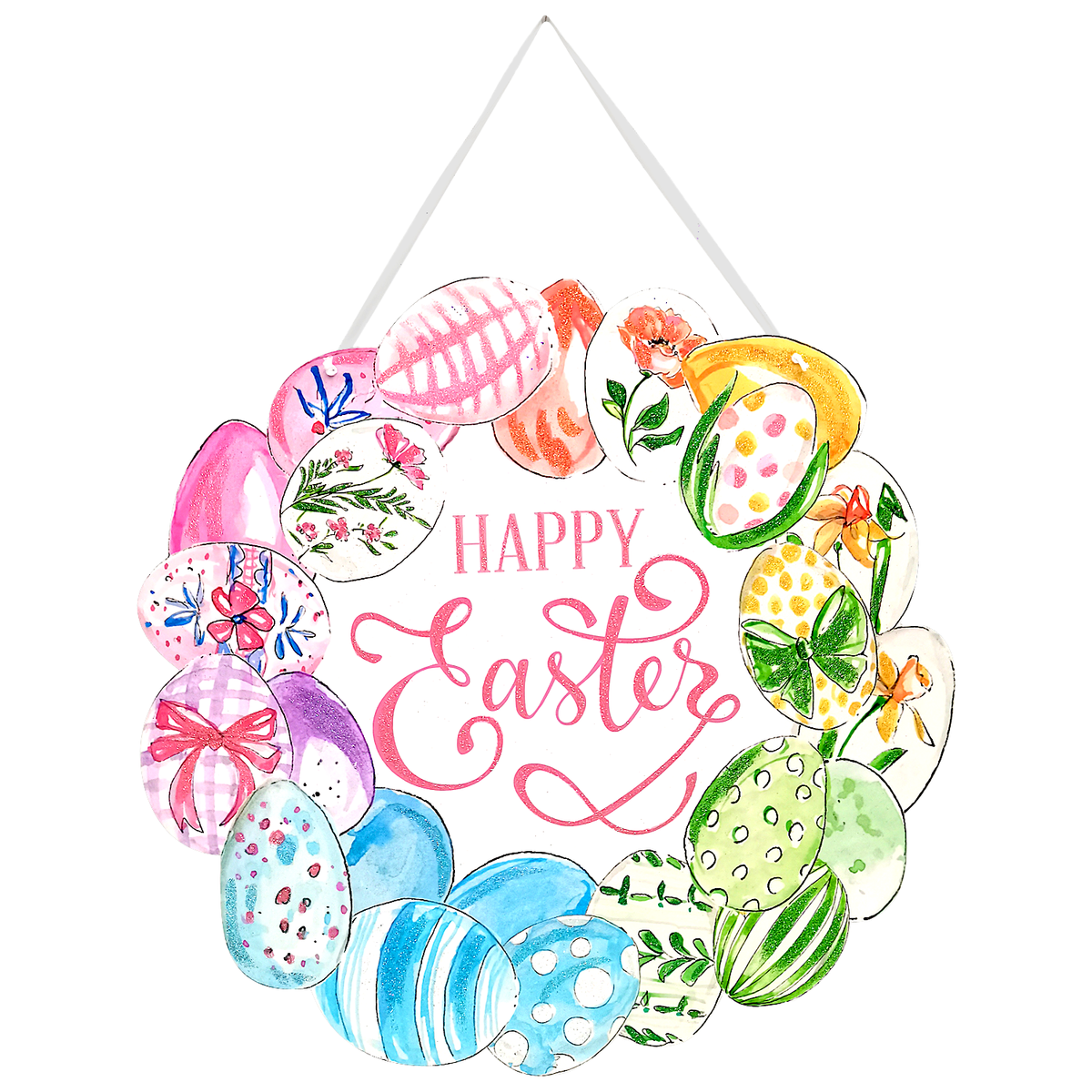 Green PVC egg wreath door hanger with a circular silhouette featuring an egg pattern.