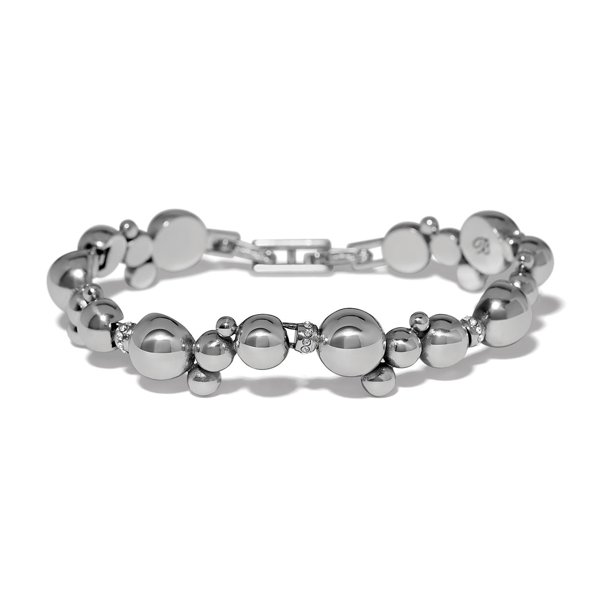 Meridian Stargazer silver plated bracelet with polished spheres and crystal accents.