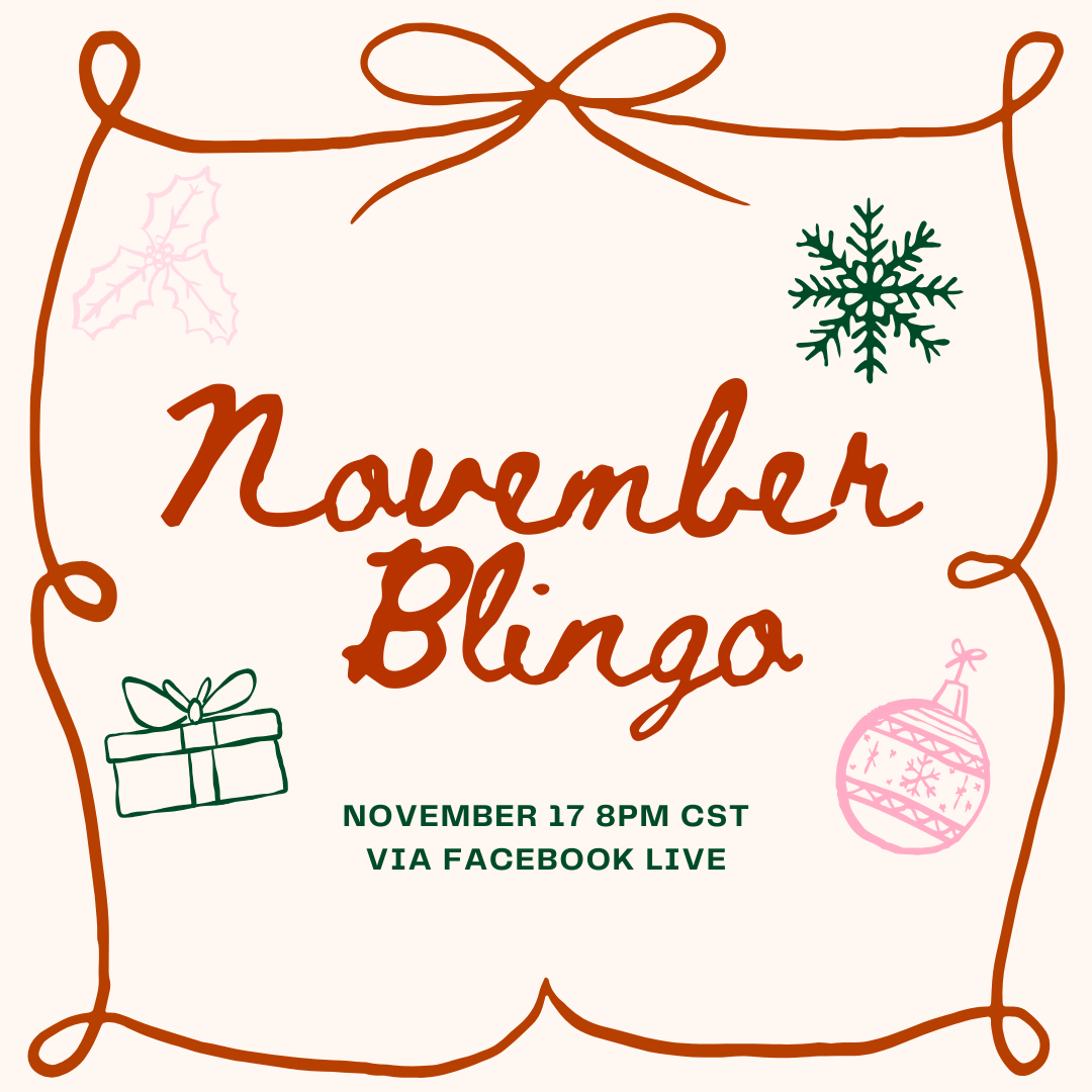 Promotional graphic for November Blingo on November 17 at 8PM CST via Facebook Live.