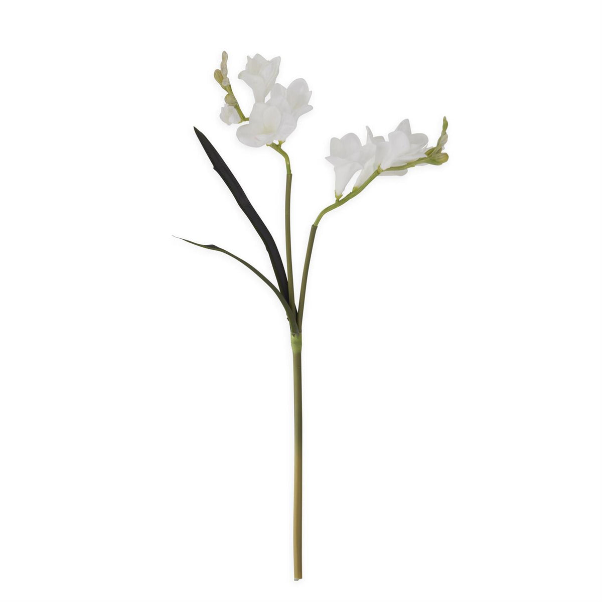 White artificial freesia stem with realistic texture on a wire support