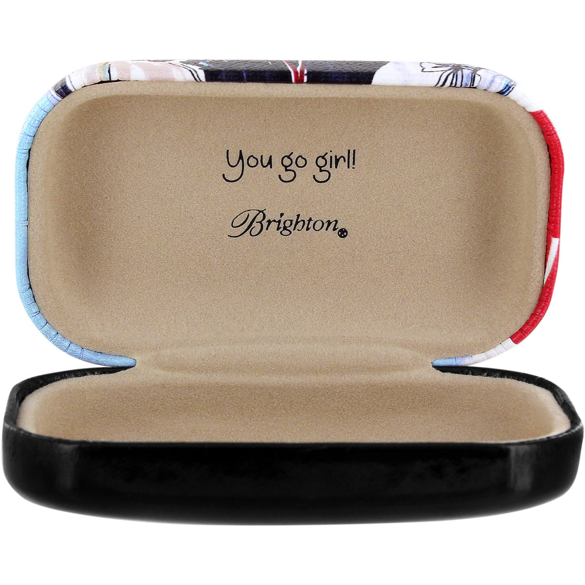 Open glasses case with floral pattern exterior and 'You go girl! Brighton' inscription inside.