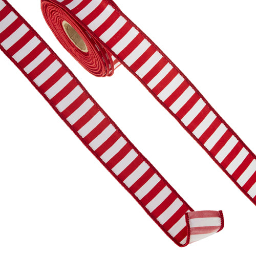 Red and white striped polyester wired ribbon measuring one point five inches wide.
