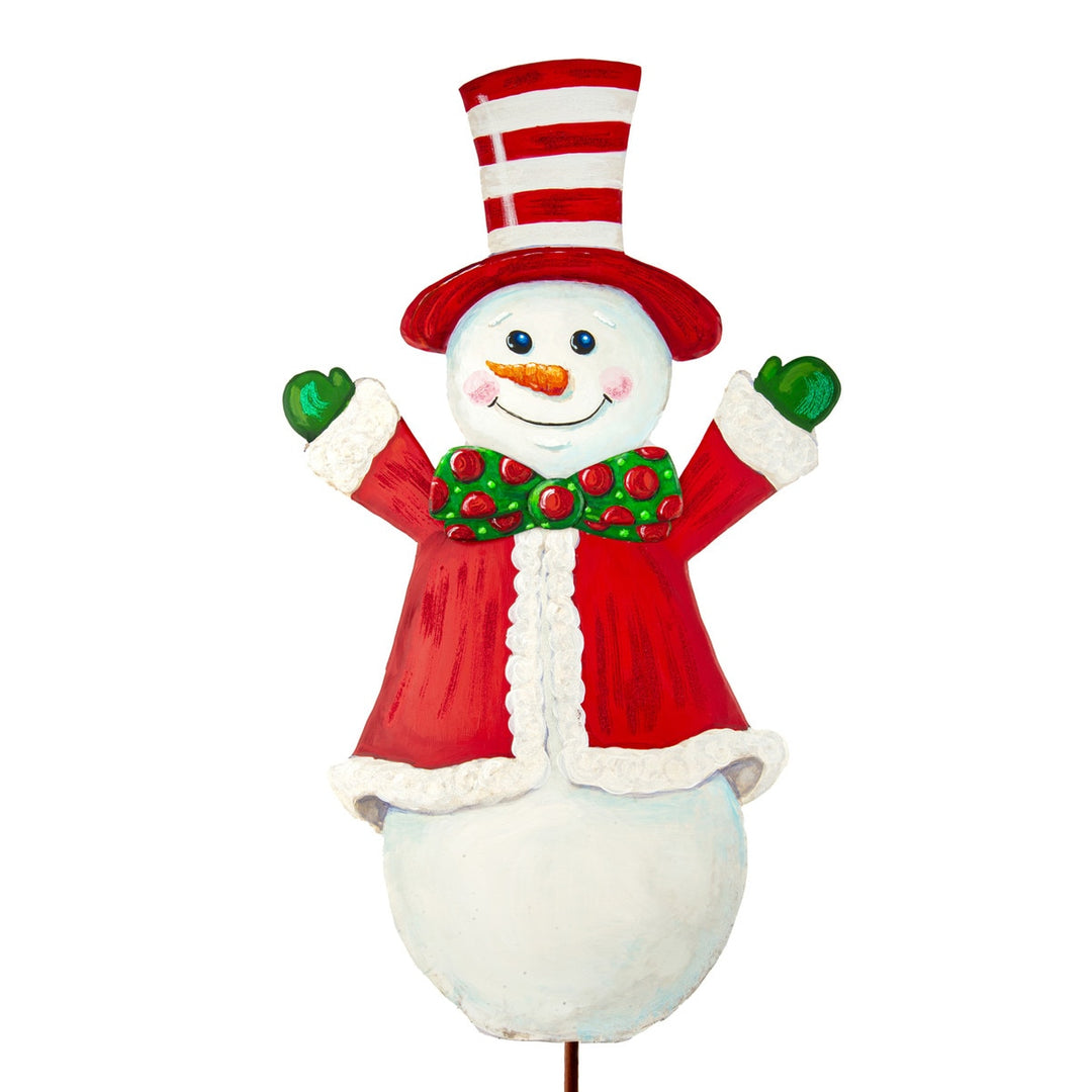 Joyful Snowman Yard stake featuring a white snowman silhouette with black eyes and carrot nose against a snowy background.