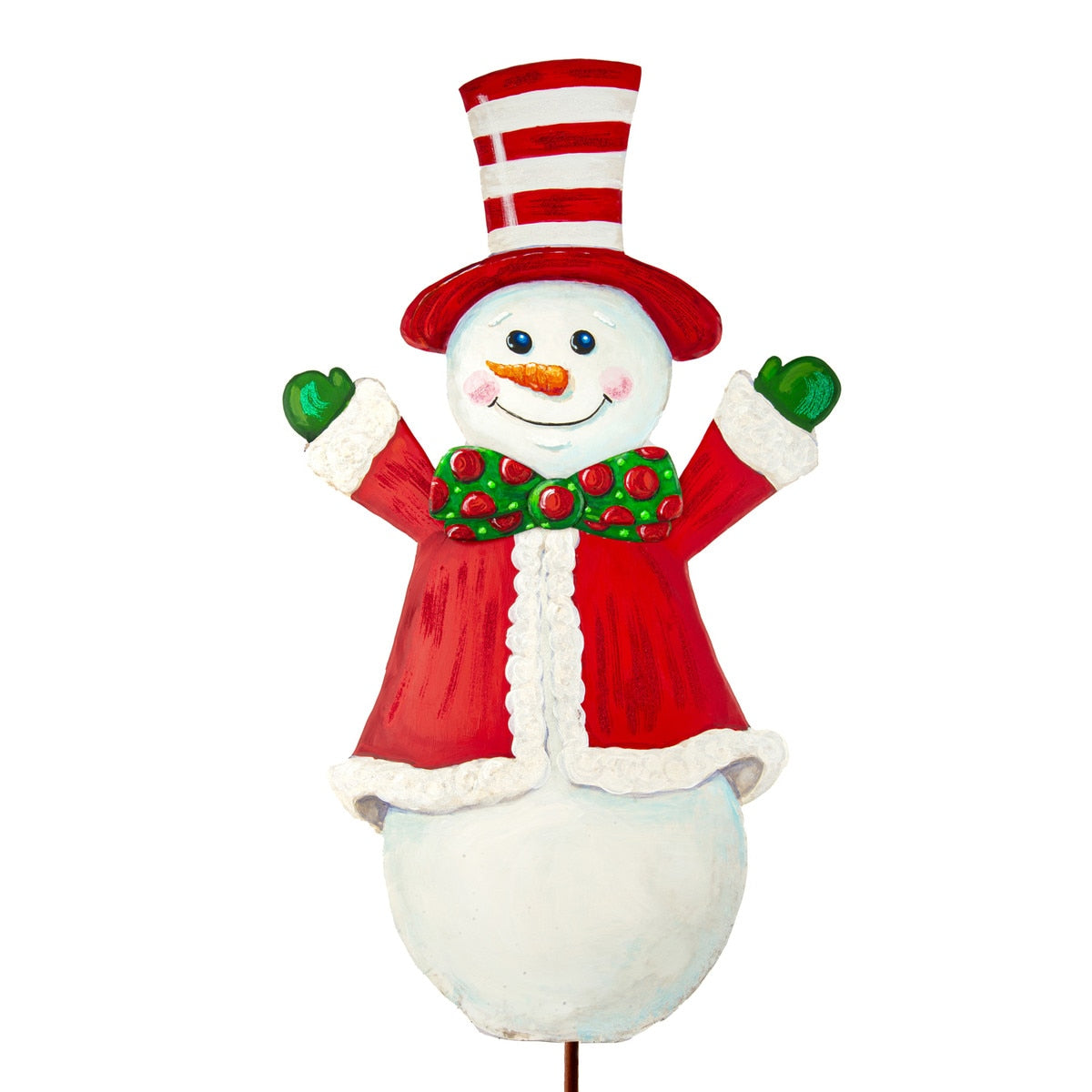 Joyful Snowman Yard stake featuring a white snowman silhouette with black eyes and carrot nose against a snowy background.