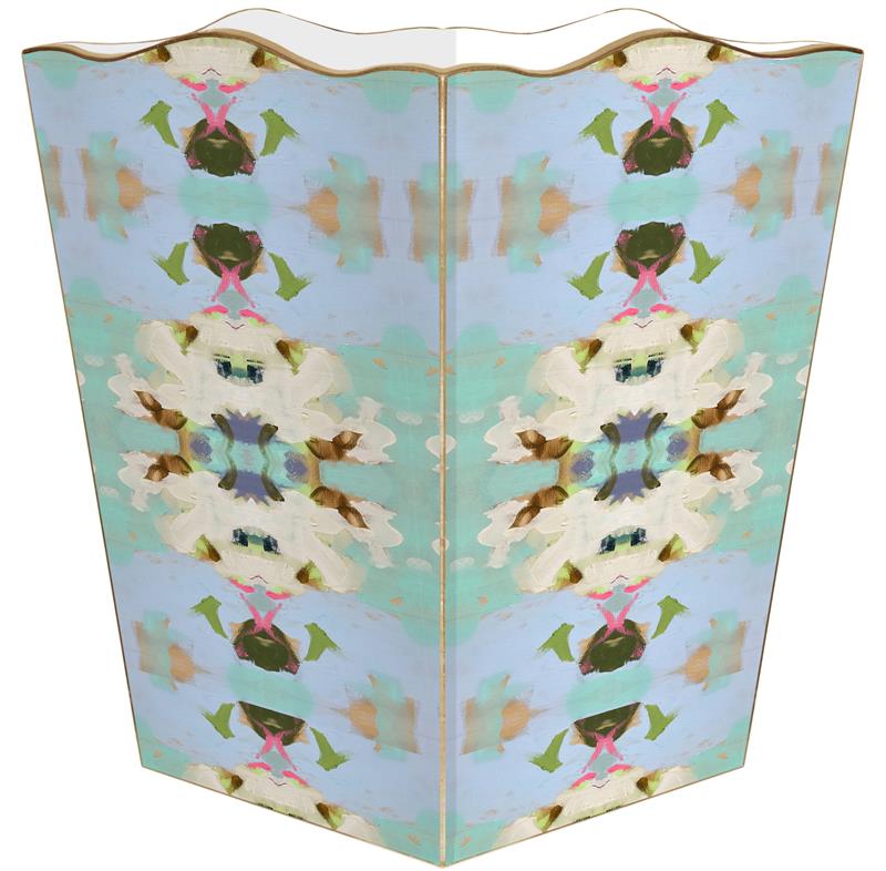 Scalloped top wastepaper basket with a symmetrical abstract pattern in blue, green, and pink.