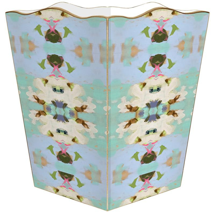 Scalloped top wastepaper basket with a symmetrical abstract pattern in blue, green, and pink.