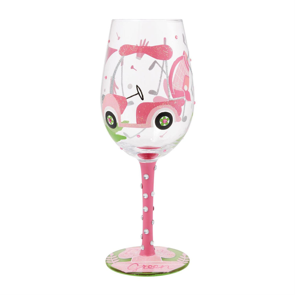 Blown glass wine glass with hand-painted designs, glitter accents, and a cocktail recipe printed on the base.