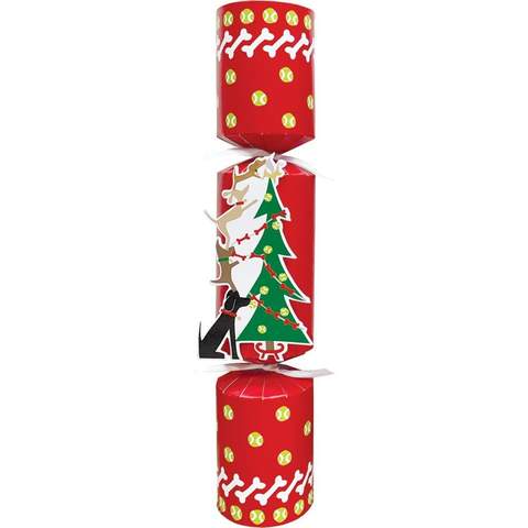 Caspari Pet Christmas cracker featuring a dog-themed decorating tree with ribbon embellishments.