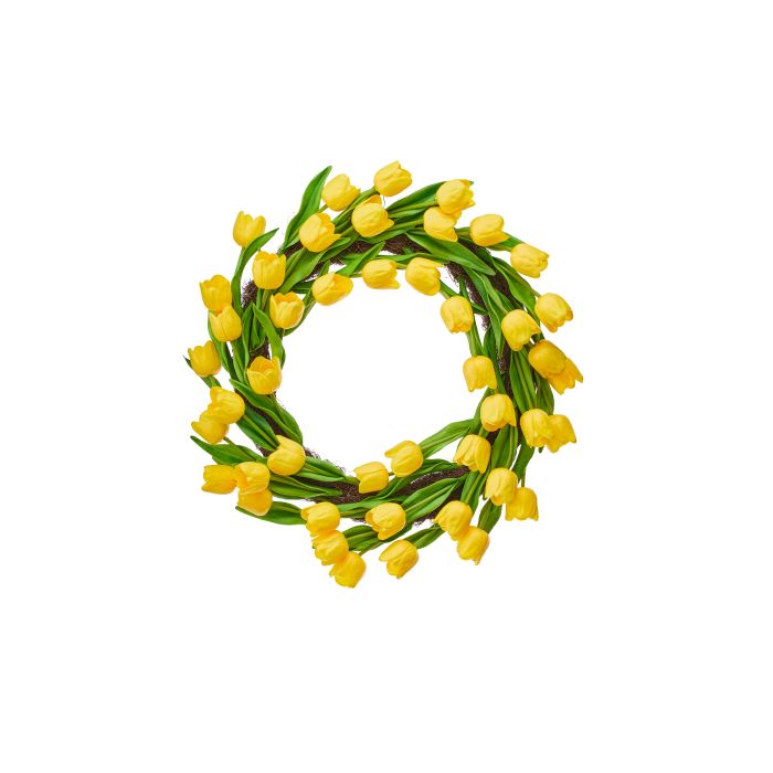 Round 21-inch Pu spring tulip wreath in natural tan finish with sculpted petal silhouette.
