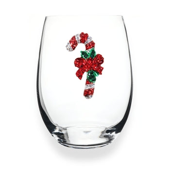 Handcrafted stemless wine glass with jeweled embellishments around the rim in clear crystal.