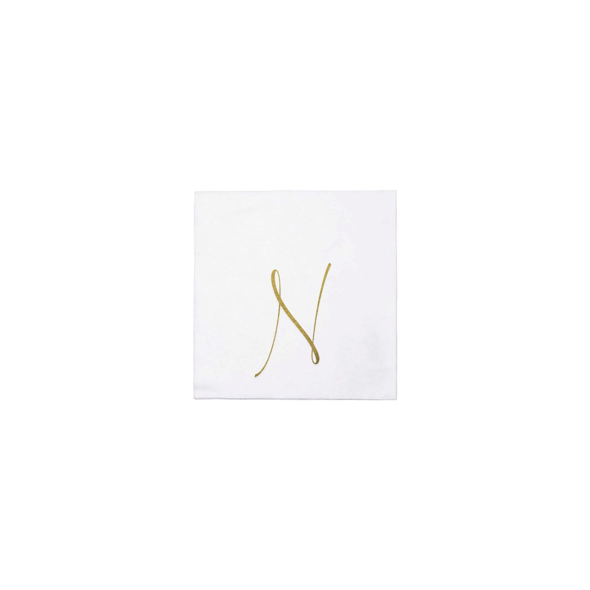 White Papersoft cocktail napkin with a gold script monogram letter N in the center.