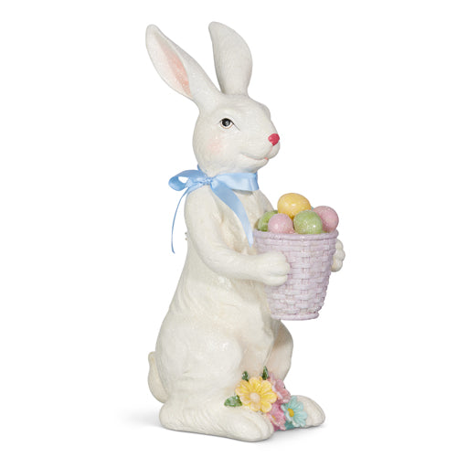 Resin bunny figurine with glitter finish measuring 8 by 5 inches wide and standing 15 inches tall.