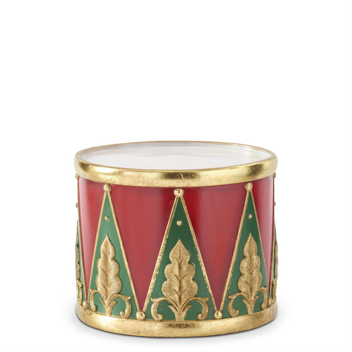 Red and green resin drum container with gold leaf scrollwork and metallic trim.