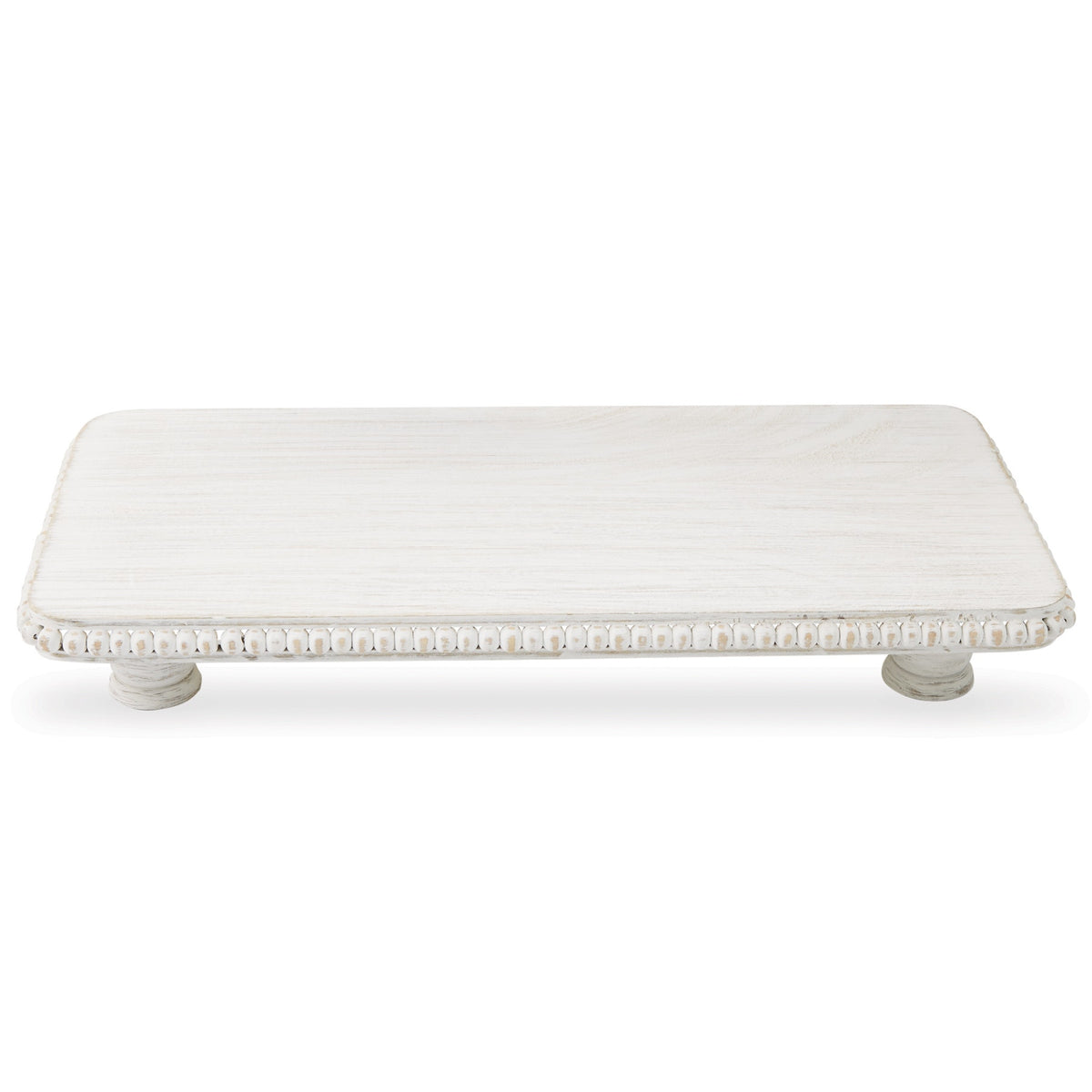 White-washed mango wood footed serving board with a beaded rim.