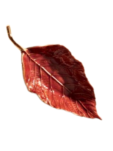 Autumn Allure Leaf Tray in red enamel with gold-toned stem and textured vein detailing.