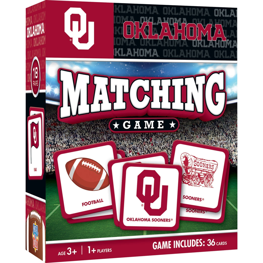 Oklahoma Sooners NCAA matching game featuring team logo on a white box with blue and crimson accents.