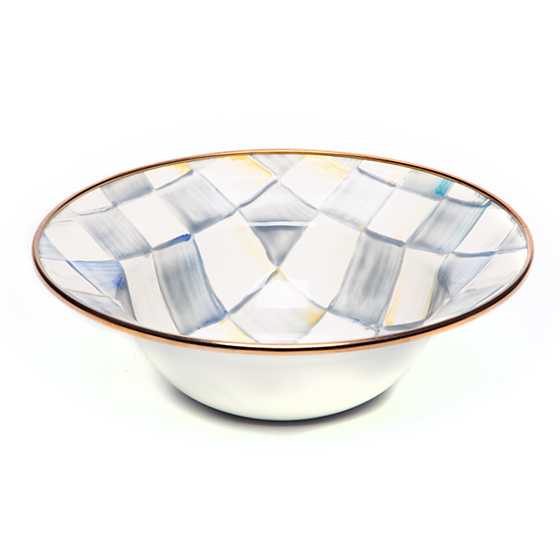 Sterling Check Enamel Breakfast Bowl with hand-painted grey and white checks and a bronze rim.