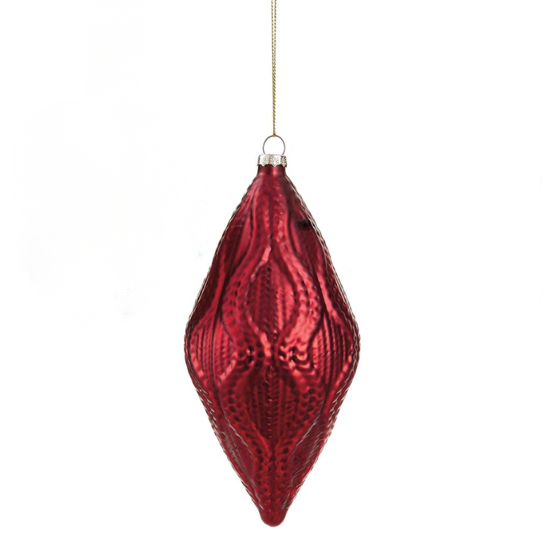 Red textured glass finial Christmas ornament with a metallic finish and gold hanging string.