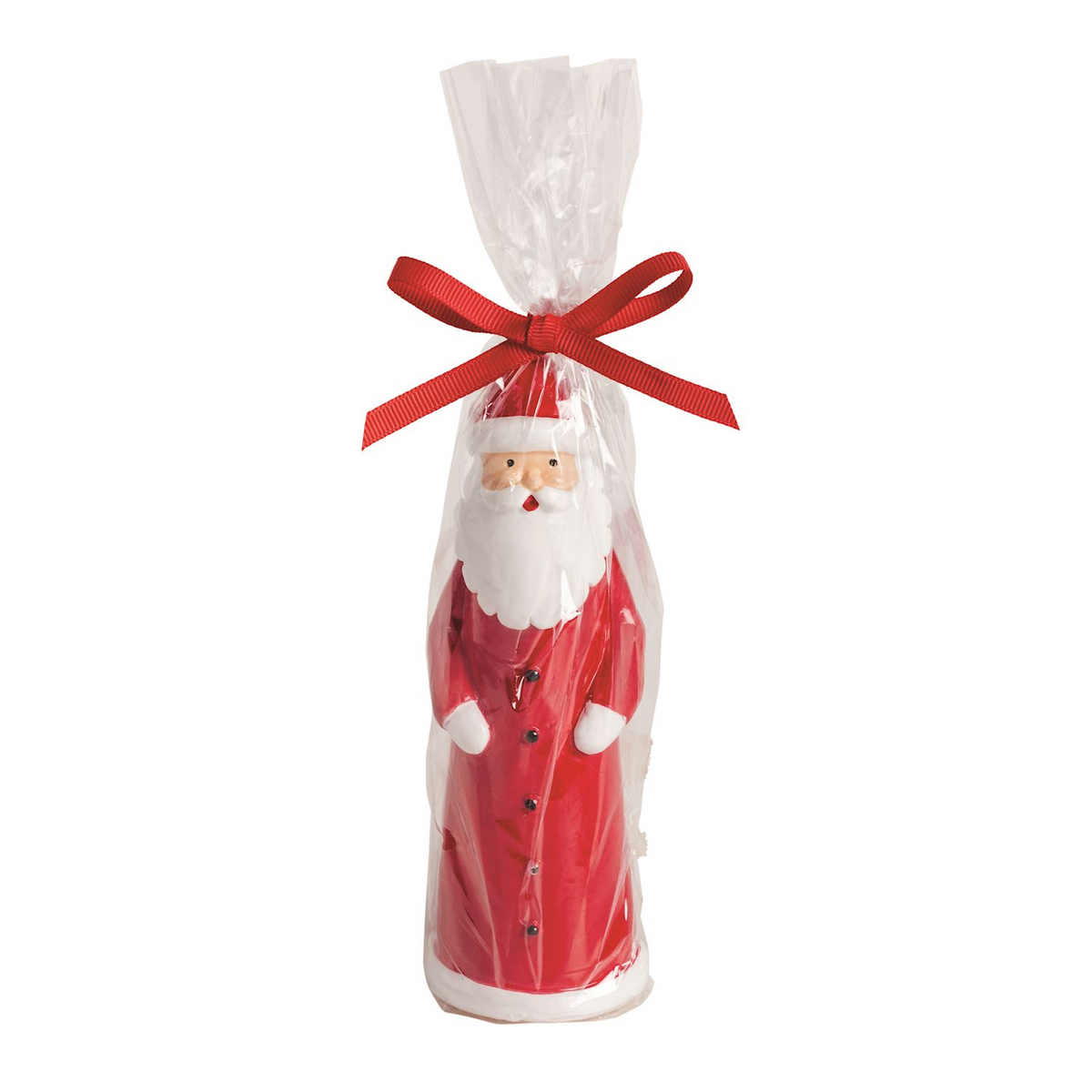 Lacquered wax Santa candle in clear cellophane wrapping with a red ribbon bow.