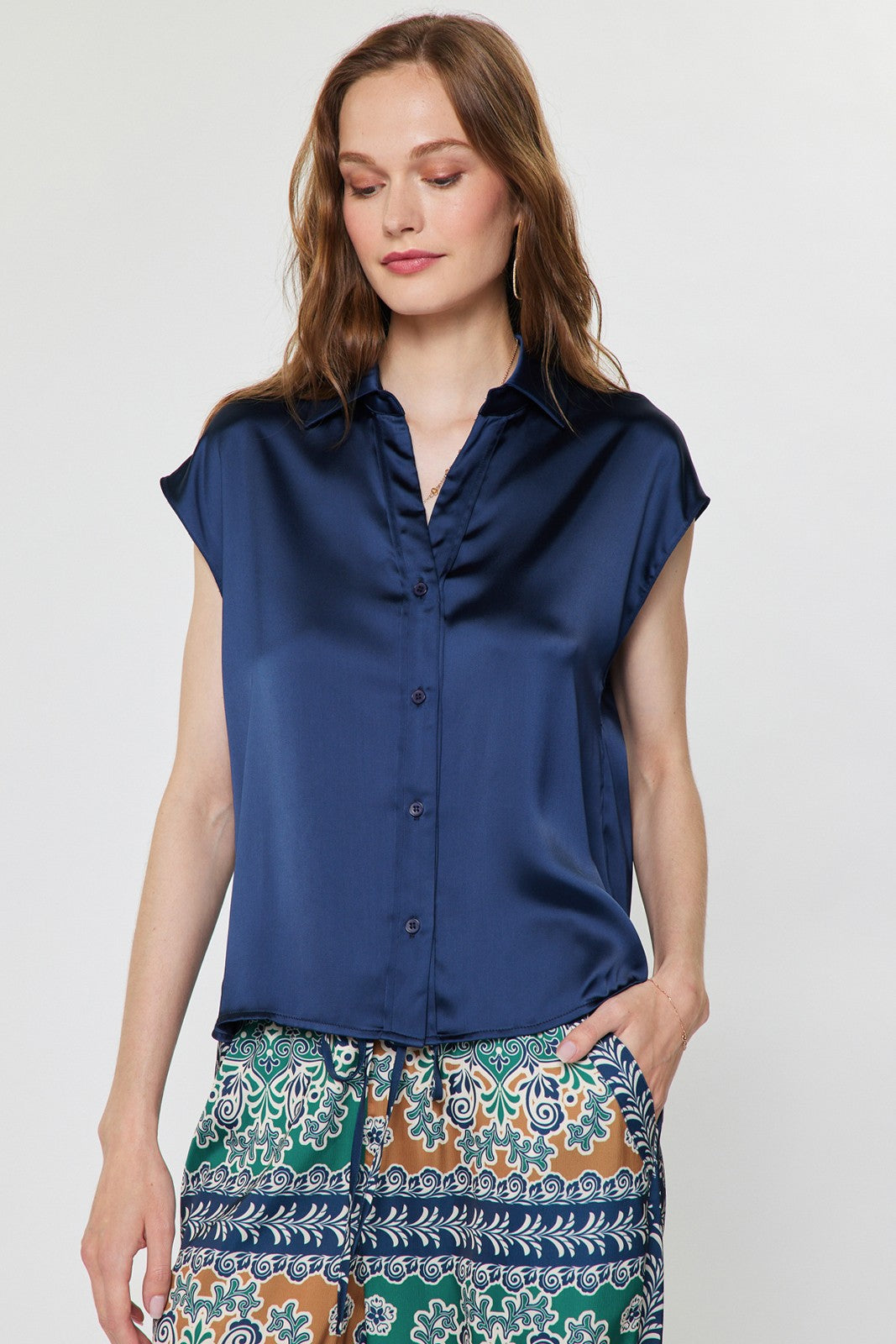 Women's Eliza cap sleeve button-down blouse in white polyester satin with a classic collar and relaxed fit.