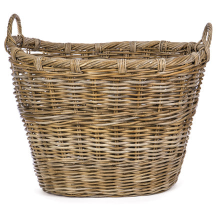 Oval woven rattan storage basket with two side handles in a natural grey-brown finish.