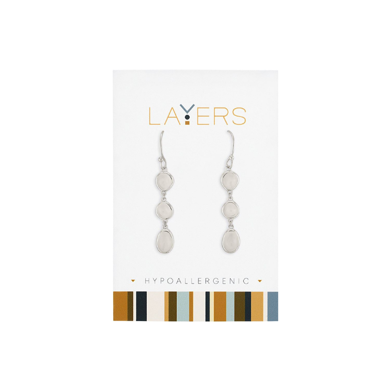 Silver polished triple oval dangle earrings on a white hypoallergenic display card.