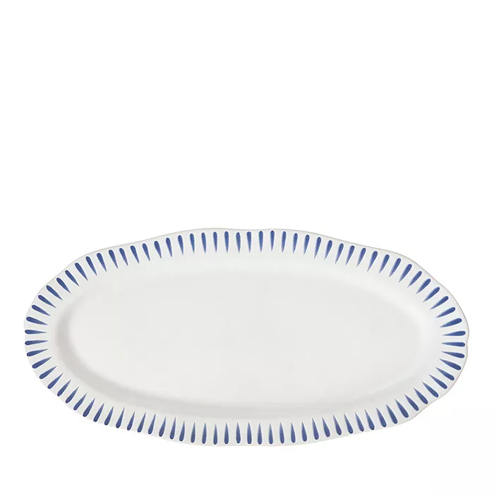 Sitio Stripe 15 inch oval stoneware hostess tray in white with Delft Blue rim pattern.