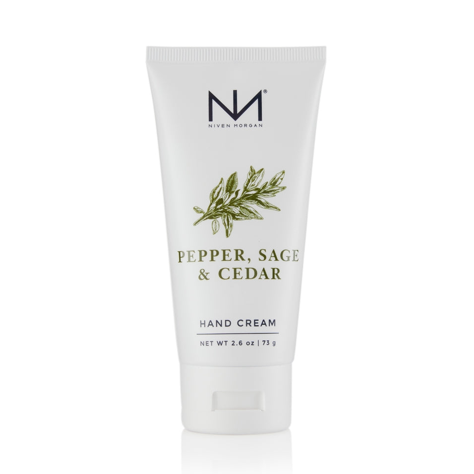 Niven Morgan Pepper, Sage & Cedar Hand Cream in a 2.6 oz white squeeze tube.