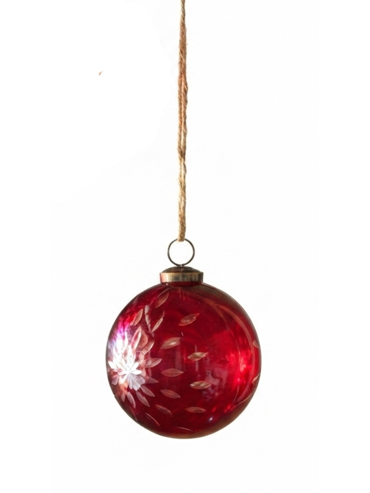 Red glass 4-inch Christmas ball ornament with etched floral patterns hanging from a twine string.