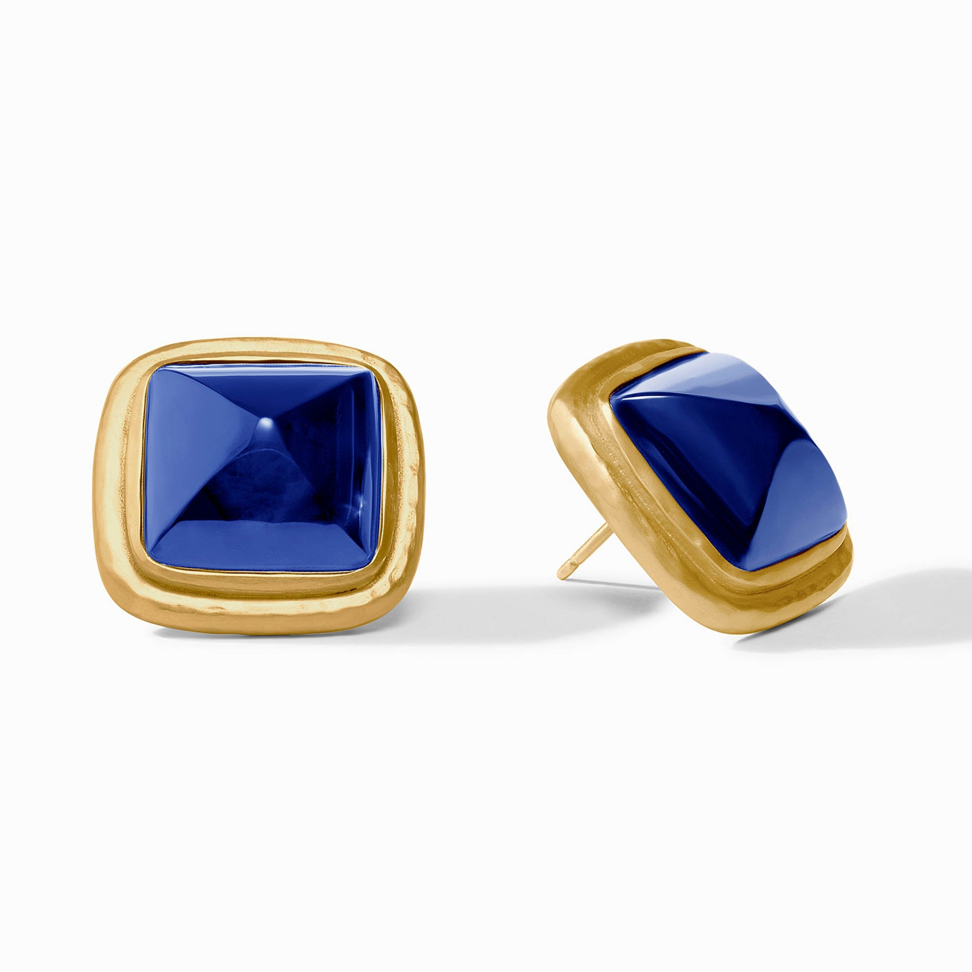 Sahara Stone Stud earrings in 24K gold plate with square blue pyramid-cut glass stones.