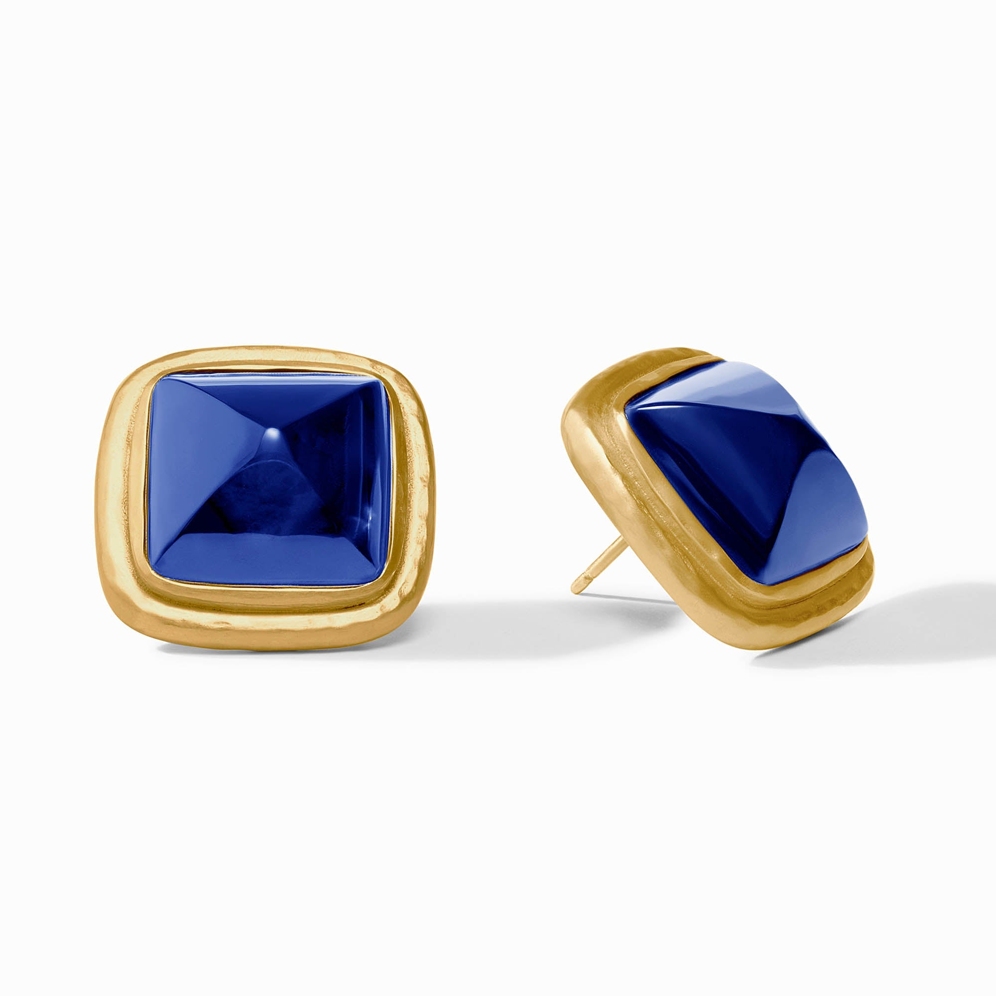 Sahara Stone Stud earrings in 24K gold plate with square blue pyramid-cut glass stones.
