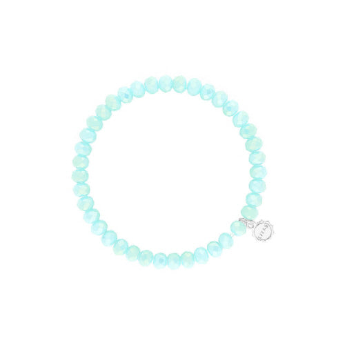 Stretchy beaded bracelet with faceted glass beads in a colorful pattern.