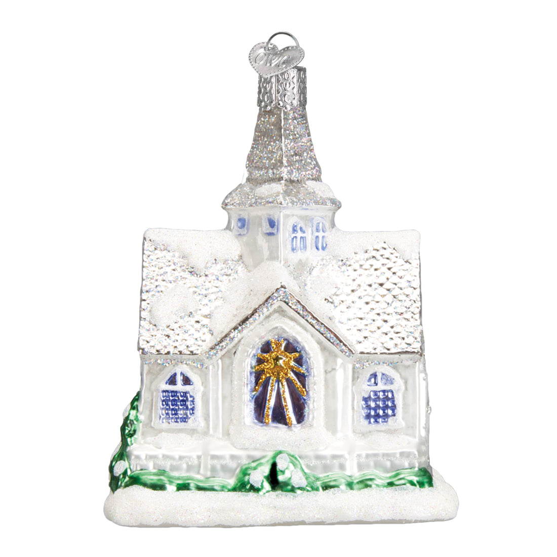 Sparkling white glass cathedral ornament with glittery snow-covered roofs and a gold star window.