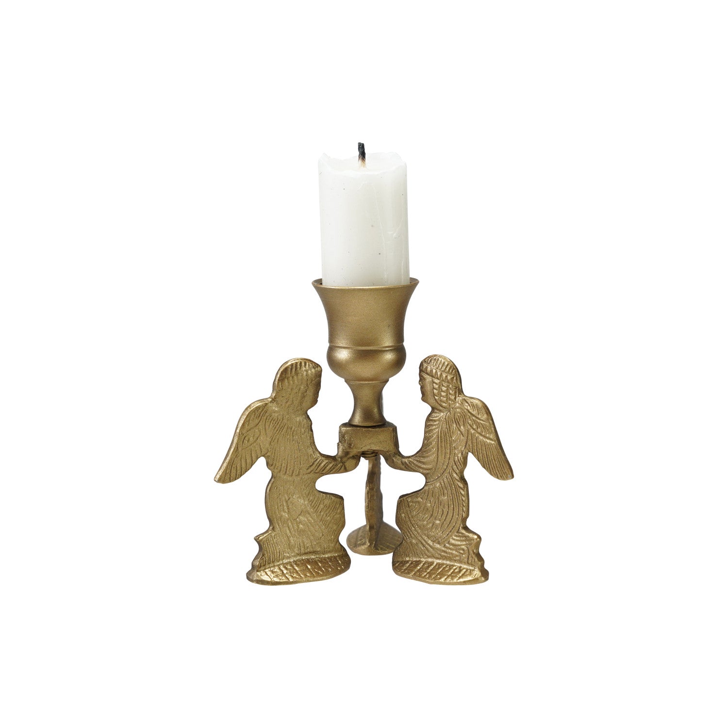 Gold finish metal taper candle holder featuring two kneeling angels supporting the central cup.