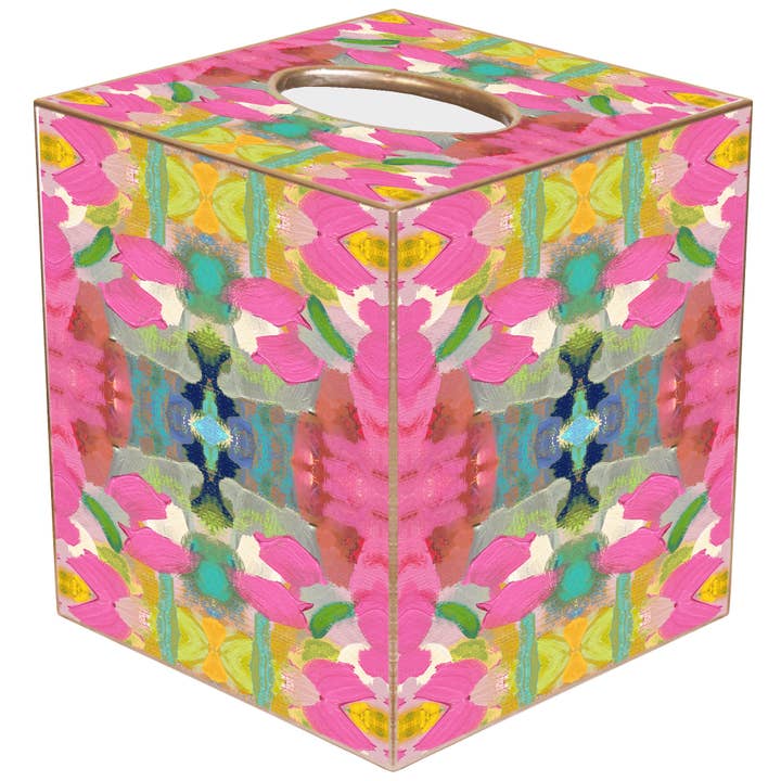 Hand-cut paper mache tissue box cover with gold-painted edges.