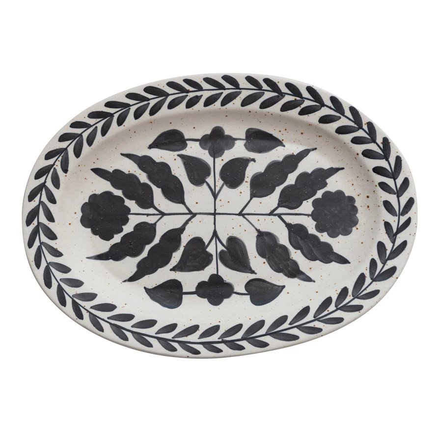 Hand-painted stoneware platter with an 18x13 inch floral pattern.