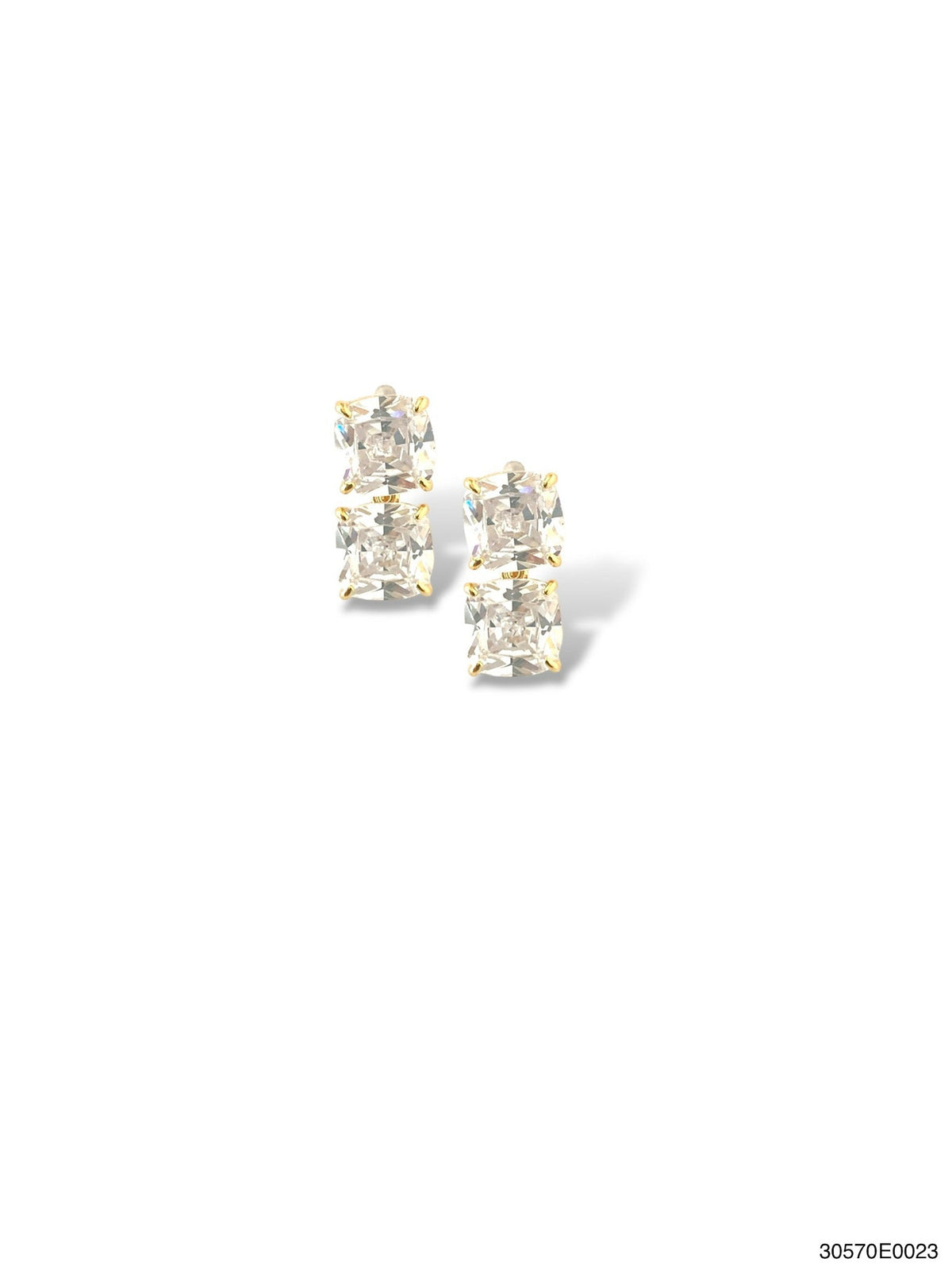 Gold Clair double drop earrings featuring cushion-cut cubic zirconia stones on a pierced post.