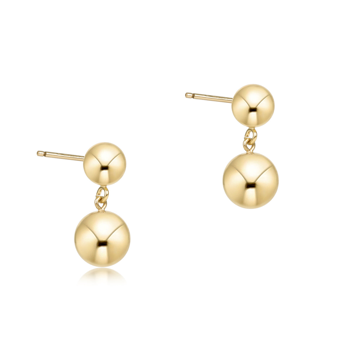 Gold polished stud earring with an attached double-ball drop
