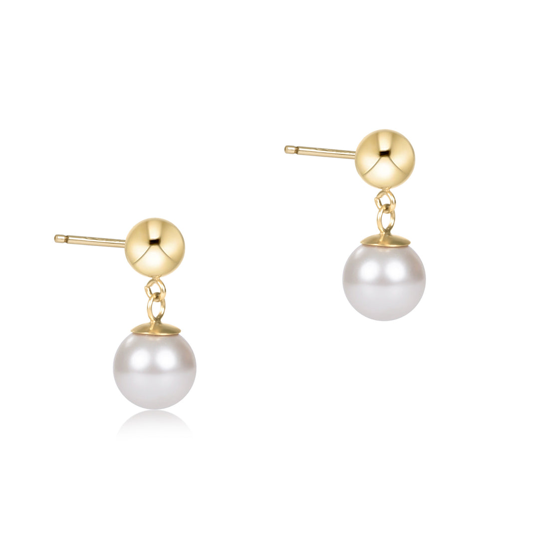 Polished gold stud earring with an 8mm white pearl drop
