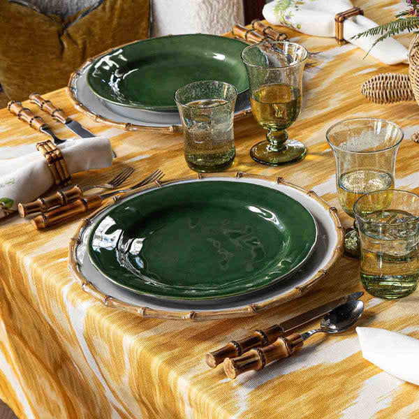 Natural bamboo-patterned ceramic charger plate with clean modern shape